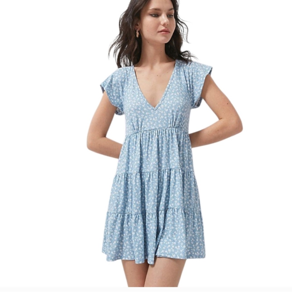 Urban Outfitters Julia Ruffle Mini Dress In Sky Blue V-Neck Short Sleeves S